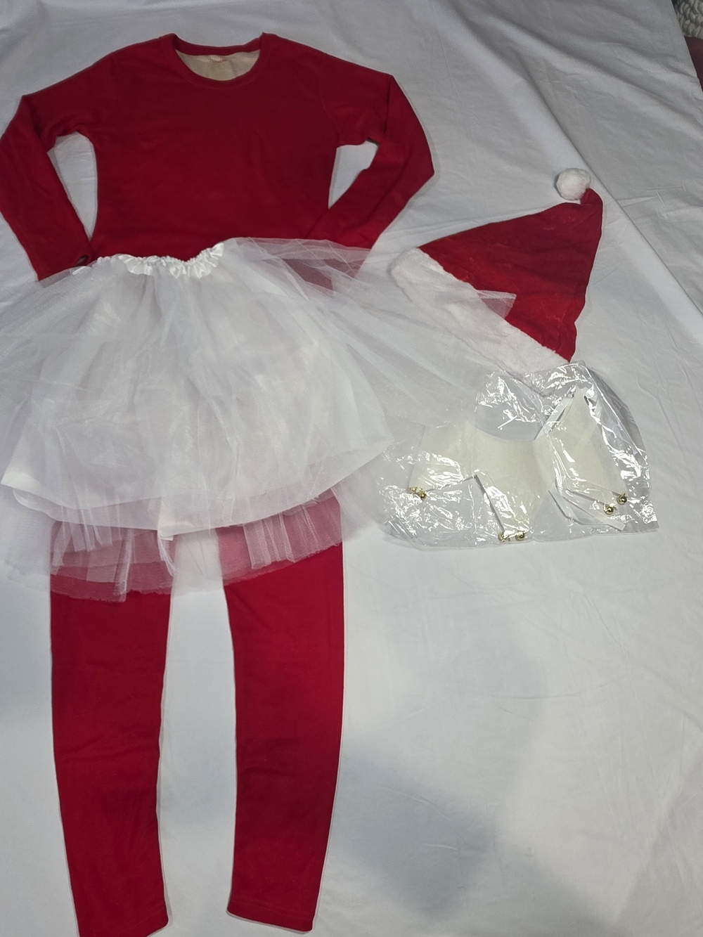 Christmas Elf Costume Large 10-14 (165/90) Kids Tulle Skirt Red Shirt & Leggings